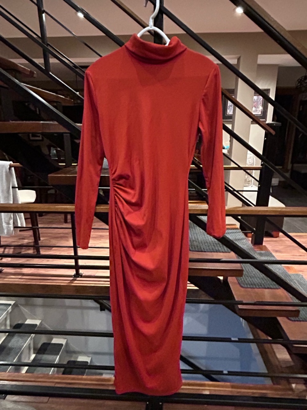 Red Turtleneck Ruched Midi Dress